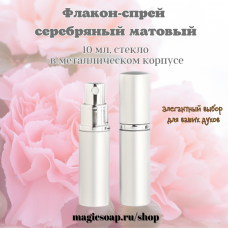 Флакон-спрей, 10 мл, серебряный матовый, стекло, в металлическом корпусе 